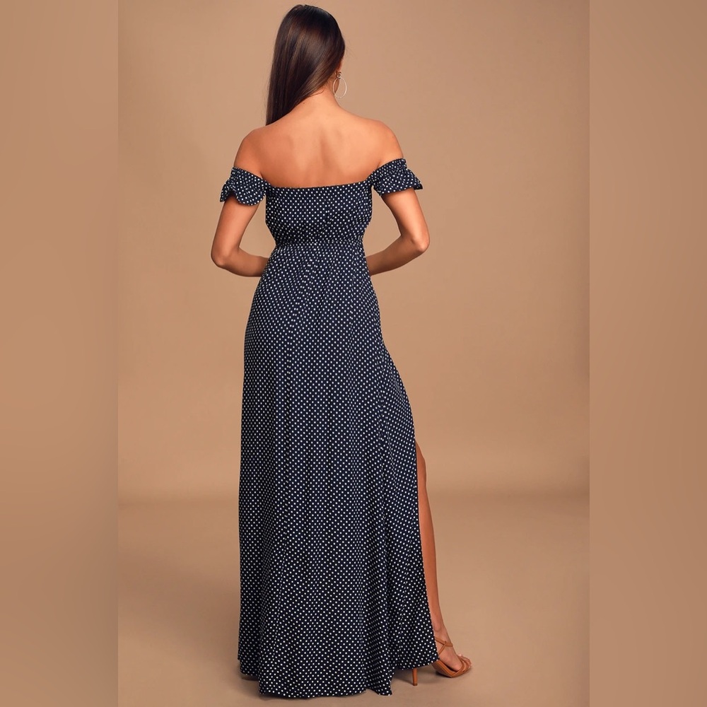 LULUS, Dream Love Navy Blue Polka Dot Off-the-Shoulder Maxi Dress - Picture 3 of 11